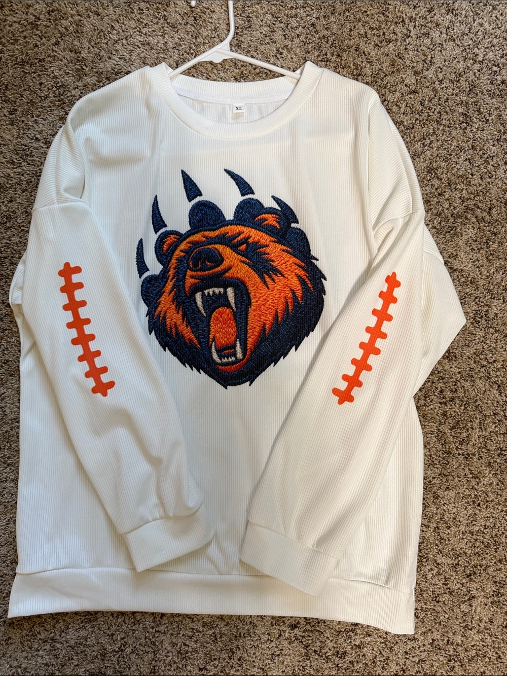 White Long-Sleeve Tee with Orange & Navy Bear Graphic